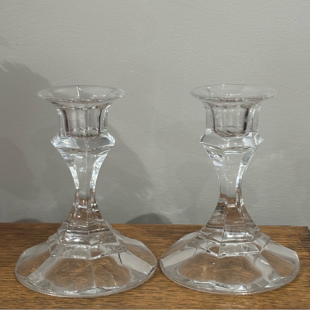 Pair of Vintage Elegant Clear Glass Candle Holders 4.25”